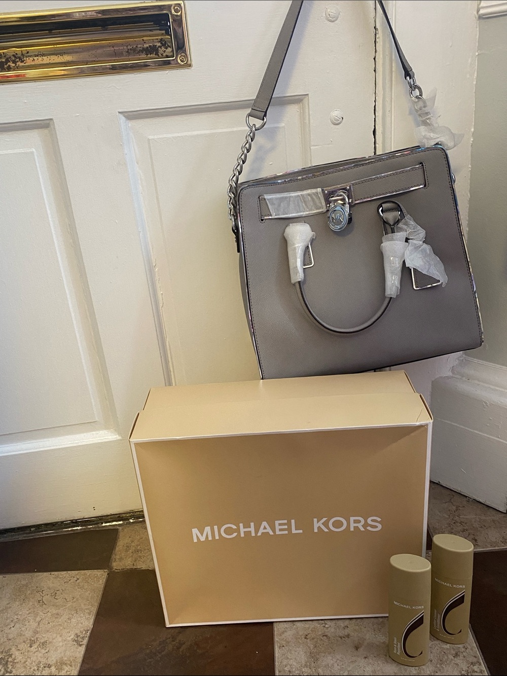 Michael Kors Gray Structured Leather Tote with Chain Strap… new!!